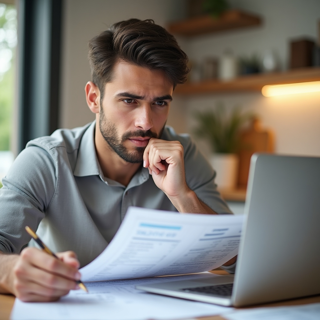 Person reviewing property cost documents with a focused expression