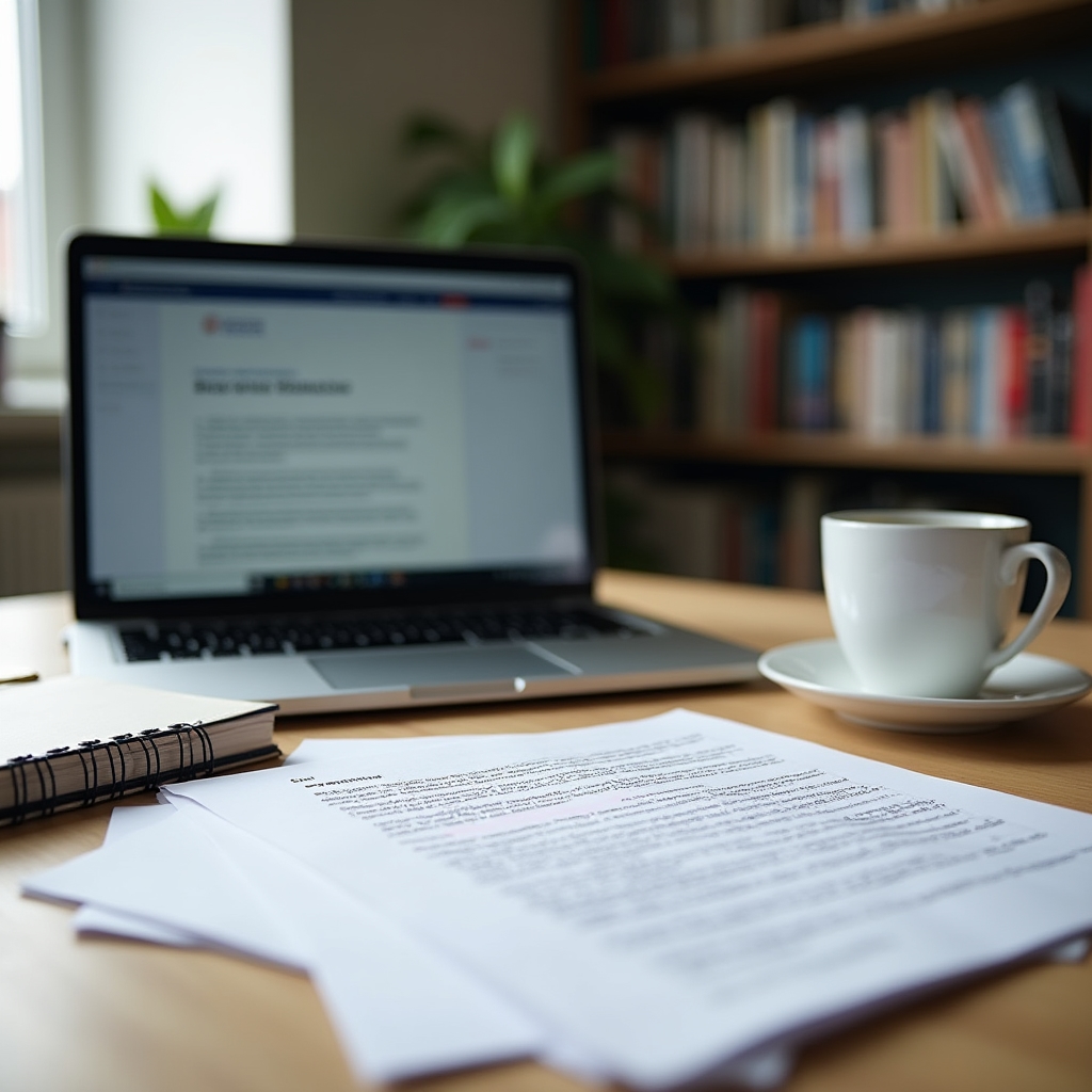 Person researching property costs at a desk with documents and laptop