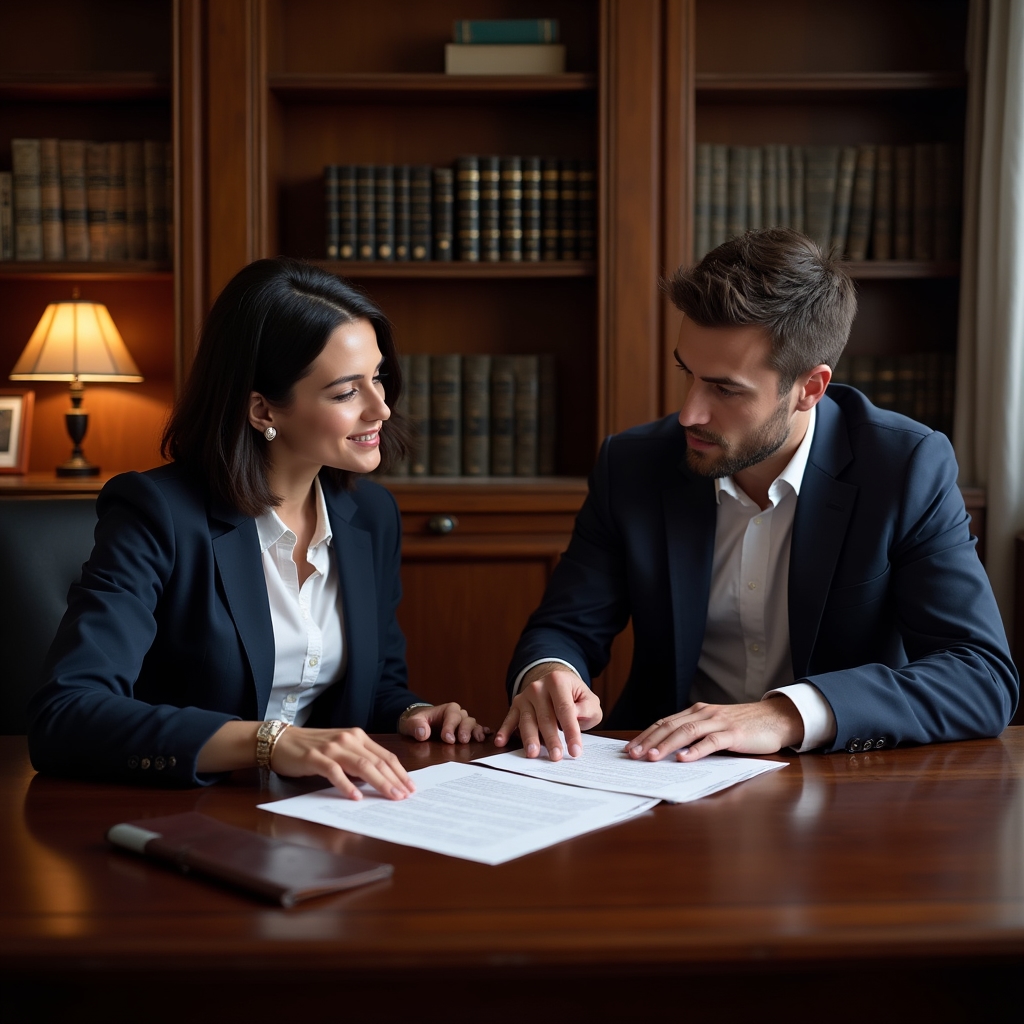 Notary reviewing property purchase contract with buyer