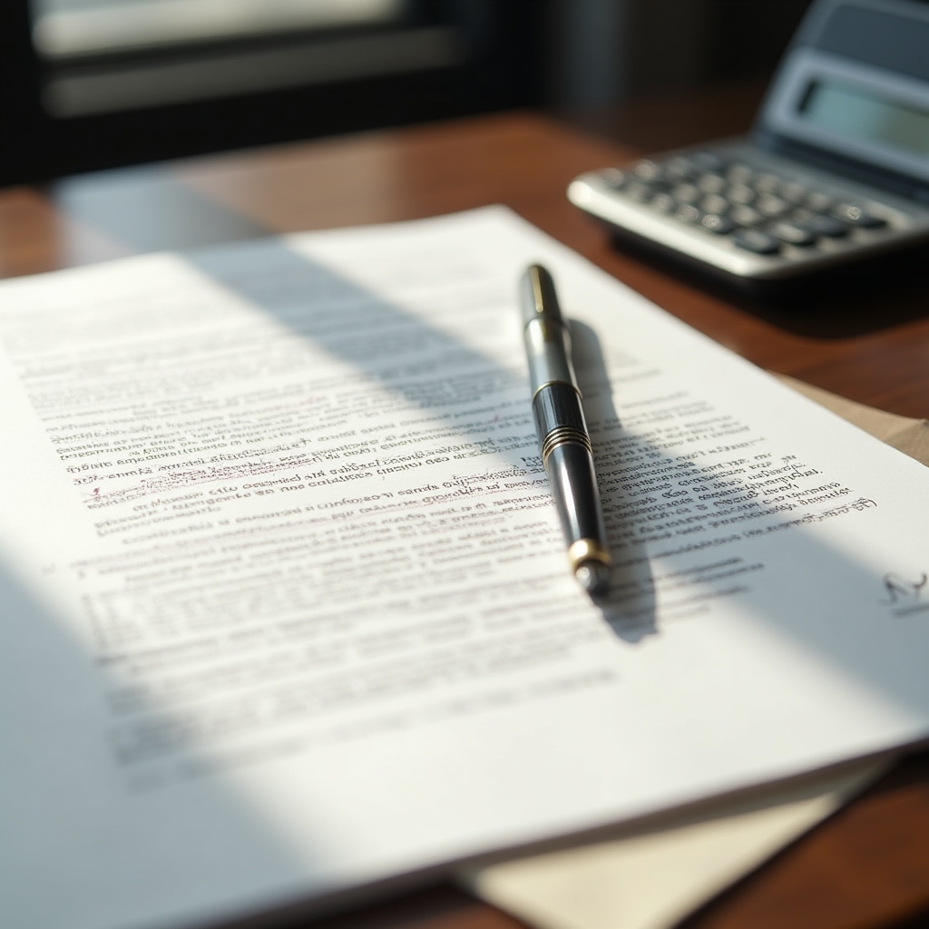 Property purchase documents spread on a desk with pen and calculator